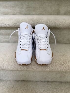 Jordan White and Gold High-Top Basketball Sneakers